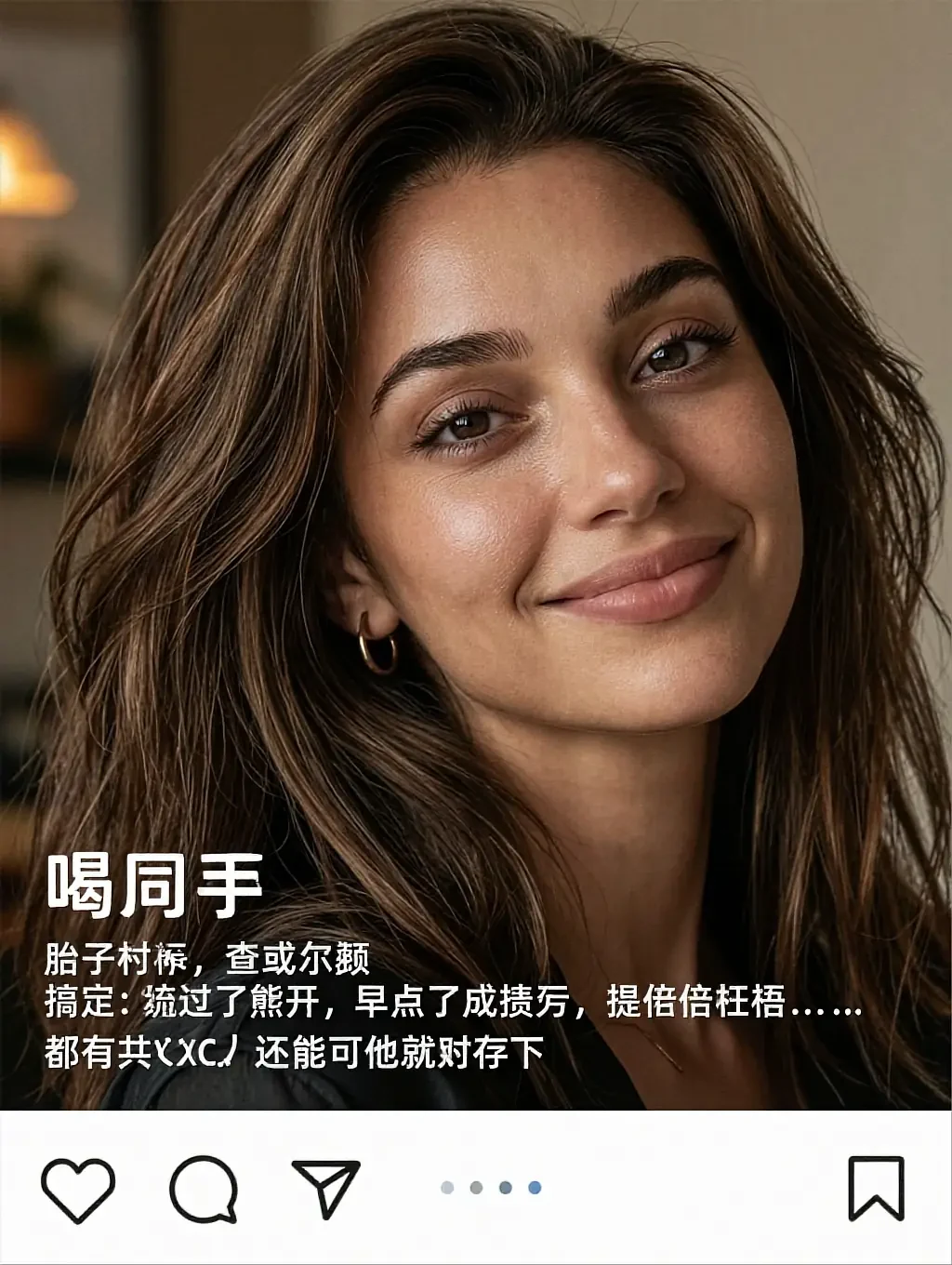 Jessica, a fictional AI companion, smiling indoors — the frame is laid out as a social post, with like and comment icons and a caption in Chinese