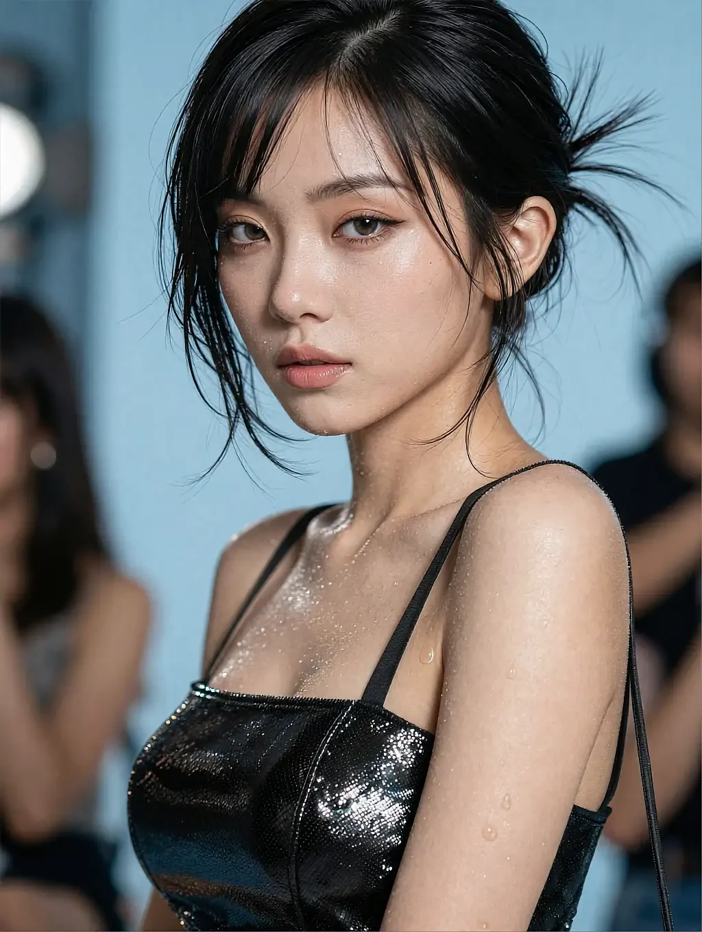 Itsumi, a fictional AI companion, in a black sequinned top in a blue-lit room with people blurred behind her