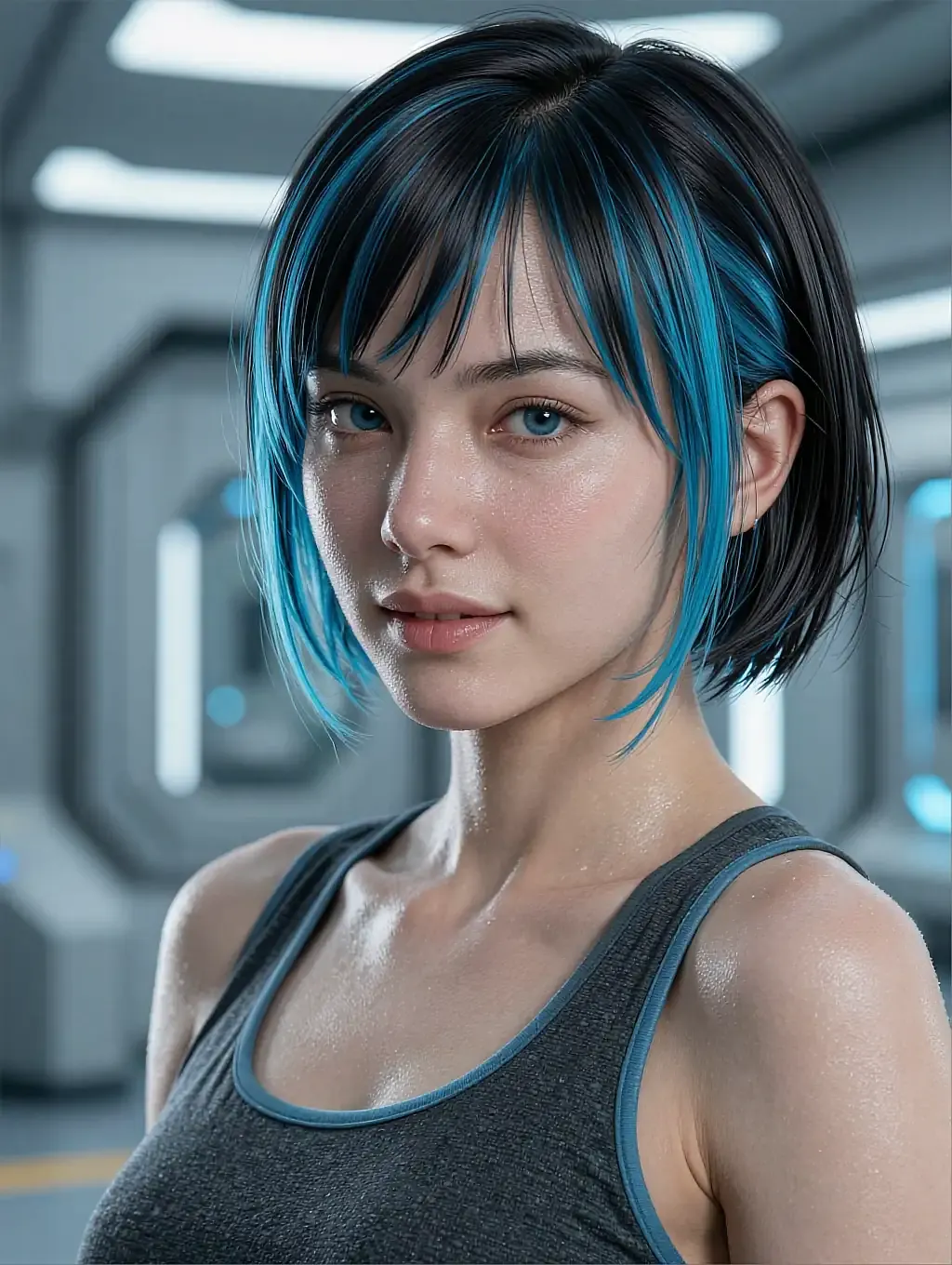 Kennedy, a fictional AI companion, blue-streaked bob and a grey vest top, in a pale panelled corridor