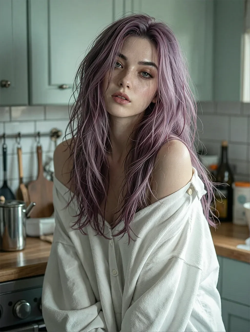 Camille, a fictional AI companion, lilac hair and an oversized white shirt off one shoulder, standing in a kitchen
