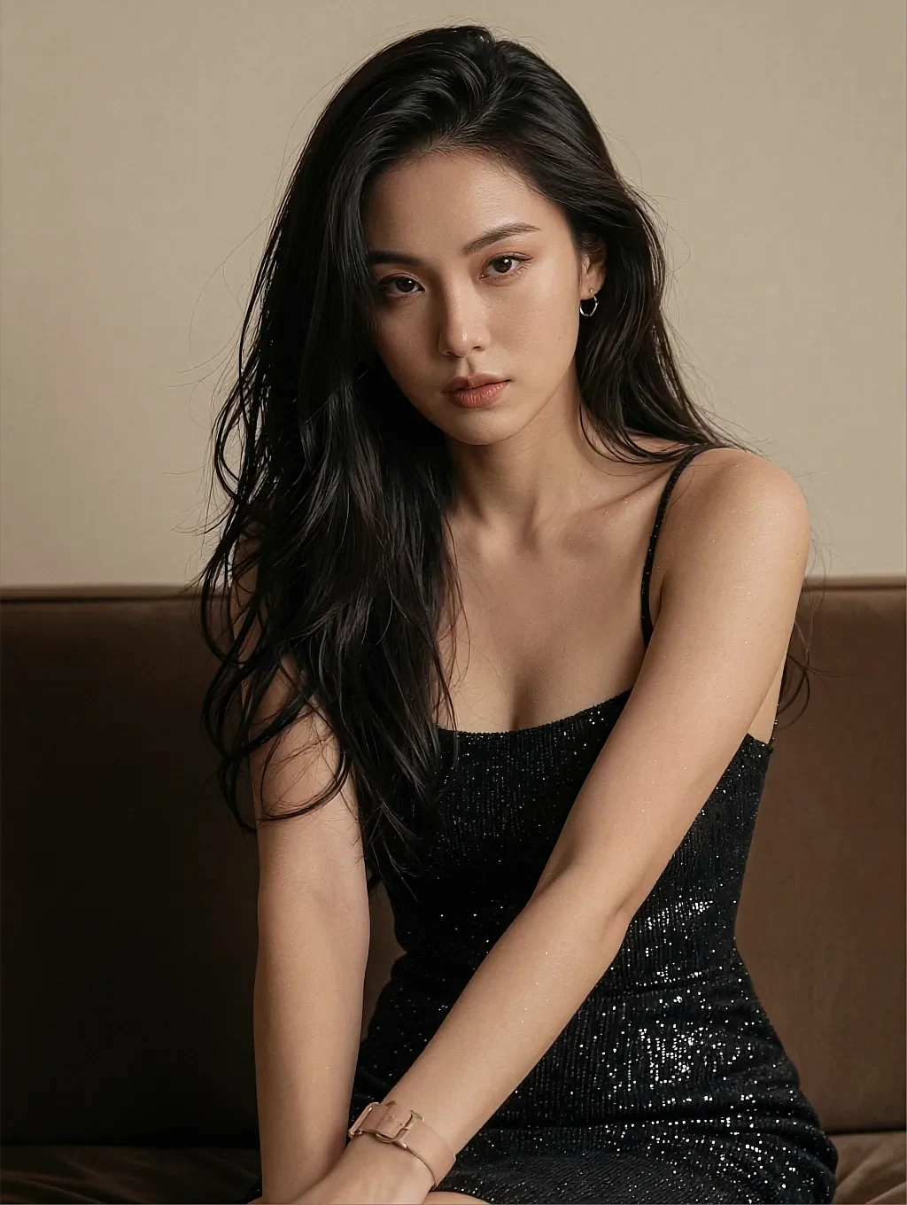 Fictional AI companion in a black sequinned strap top, leaning on a leather booth against a warm wall