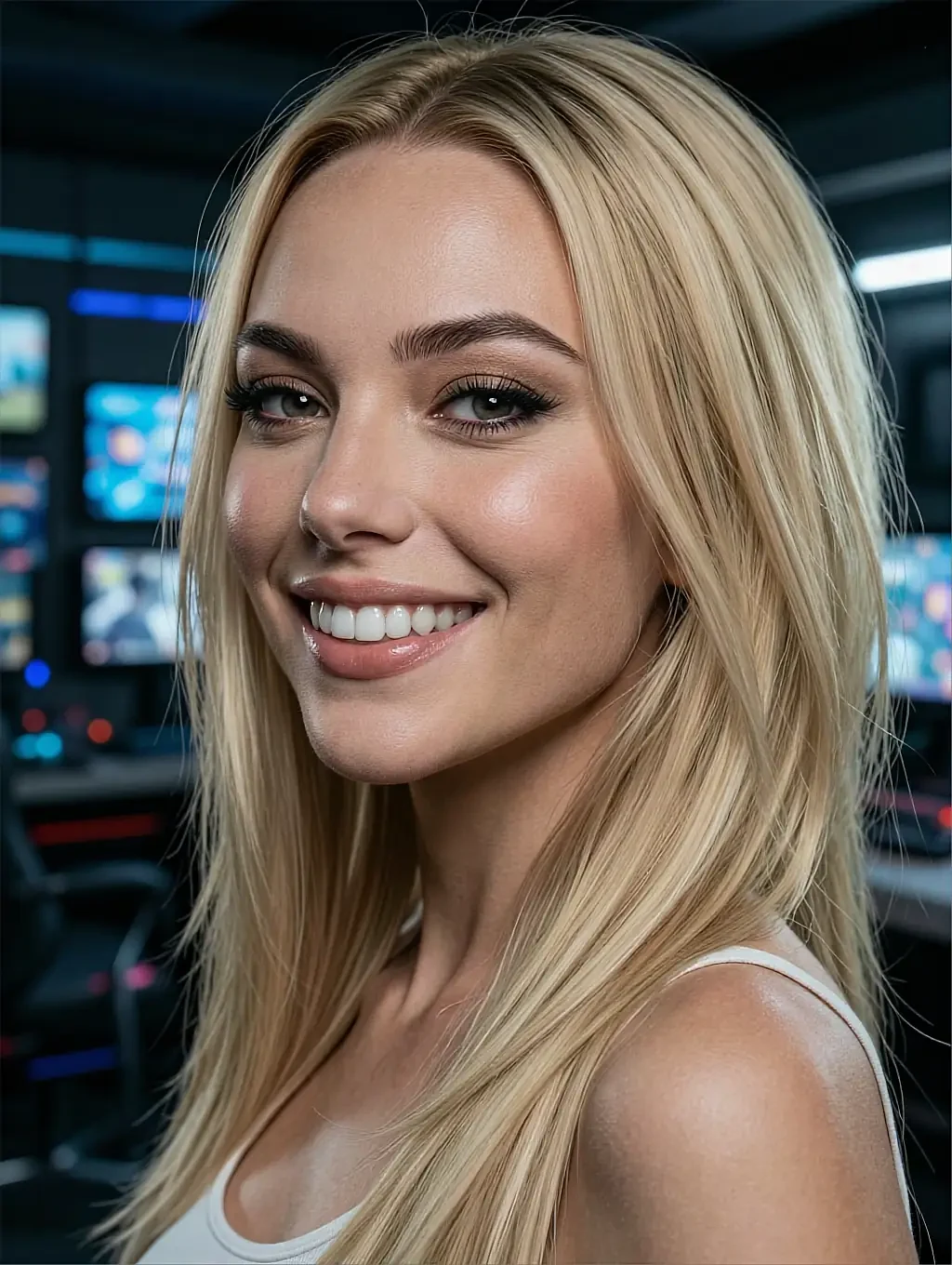 Fictional AI companion smiling in a white vest top in a dark room full of lit screens