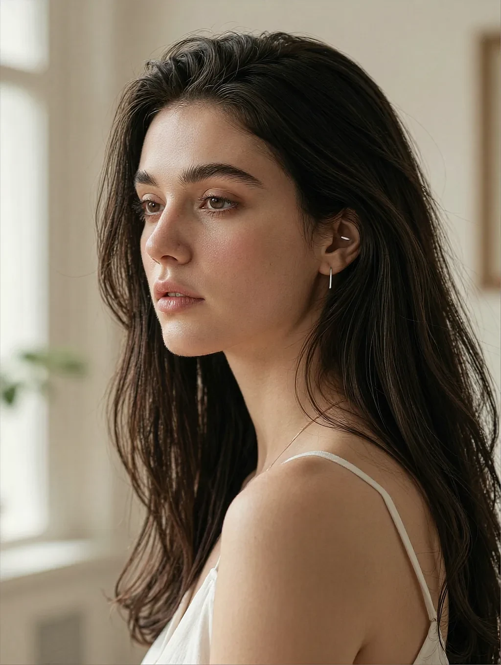 Fictional AI companion in a white strappy top looking back over her shoulder in a bright room